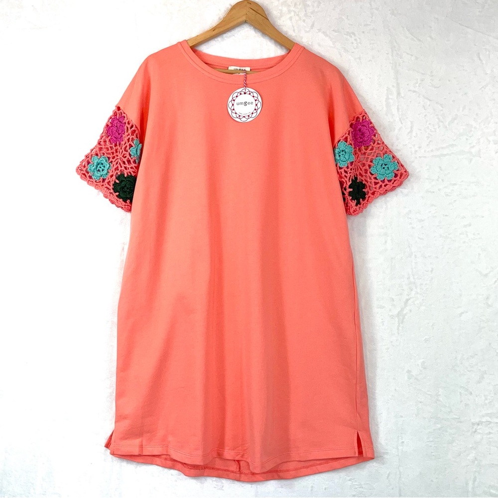 Umgee Floral Crochet Sleeve French Terry Shift Dress Coral Size Small